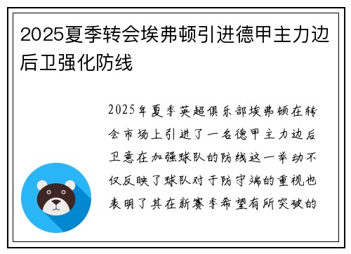 2025夏季转会埃弗顿引进德甲主力边后卫强化防线